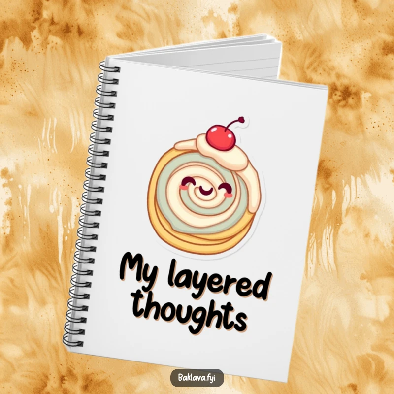 Funny layered pastry character twirling with a cherry, a sweet and inspiring funny notebook.