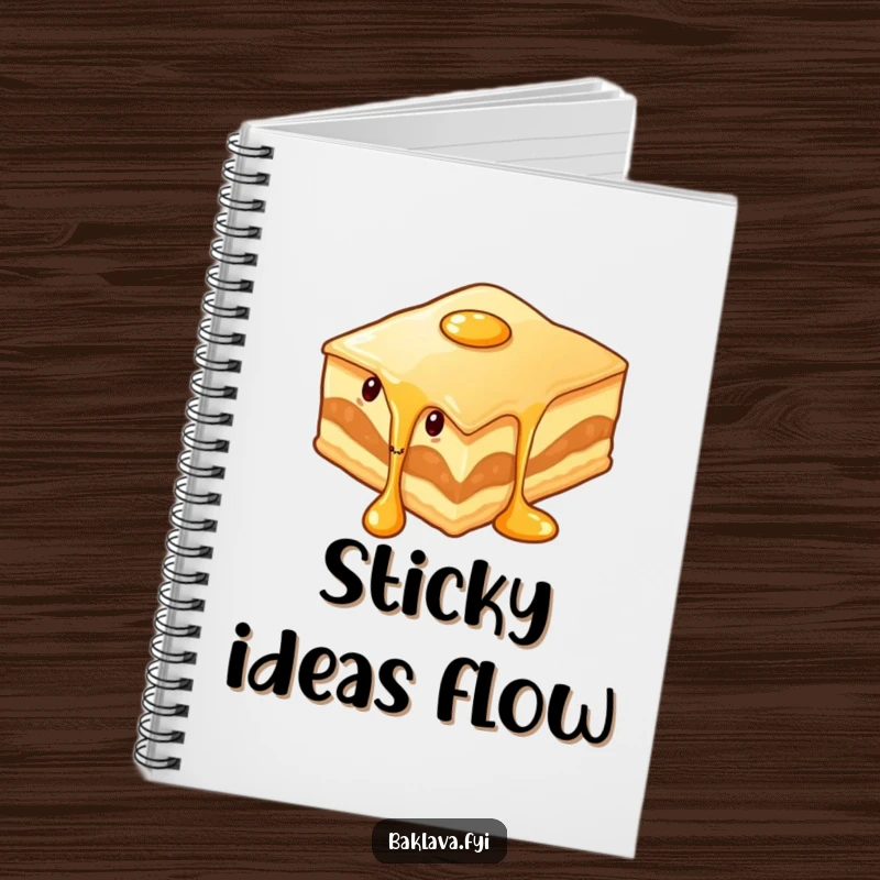 Funny wiggling baklava slice with syrup dripping on a notebook cover, perfect for jotting down sweet ideas with humorous flair.