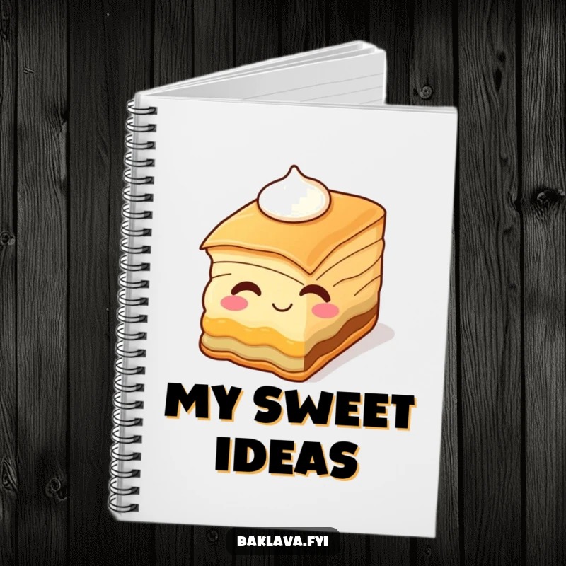 Funny baklava slice winking with cream, on a notebook cover. A humorous and practical journal for dessert lovers.