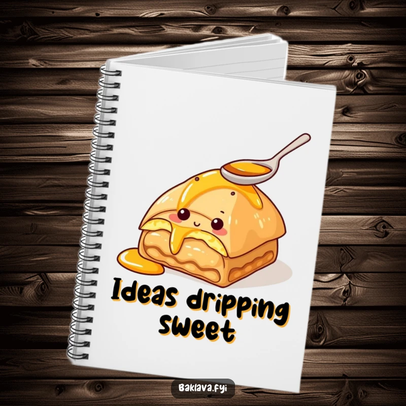 Funny notebook with a curious baklava character tasting honey with a spoon. Ideal for capturing sweet thoughts.