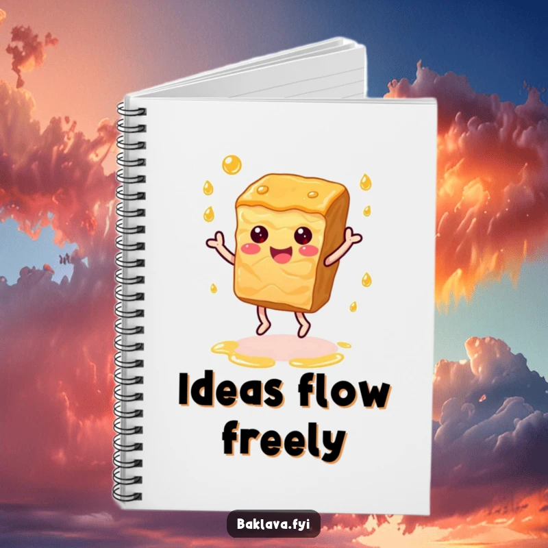 Funny baklava slice dancing with syrup droplets, a humorous and practical notebook.