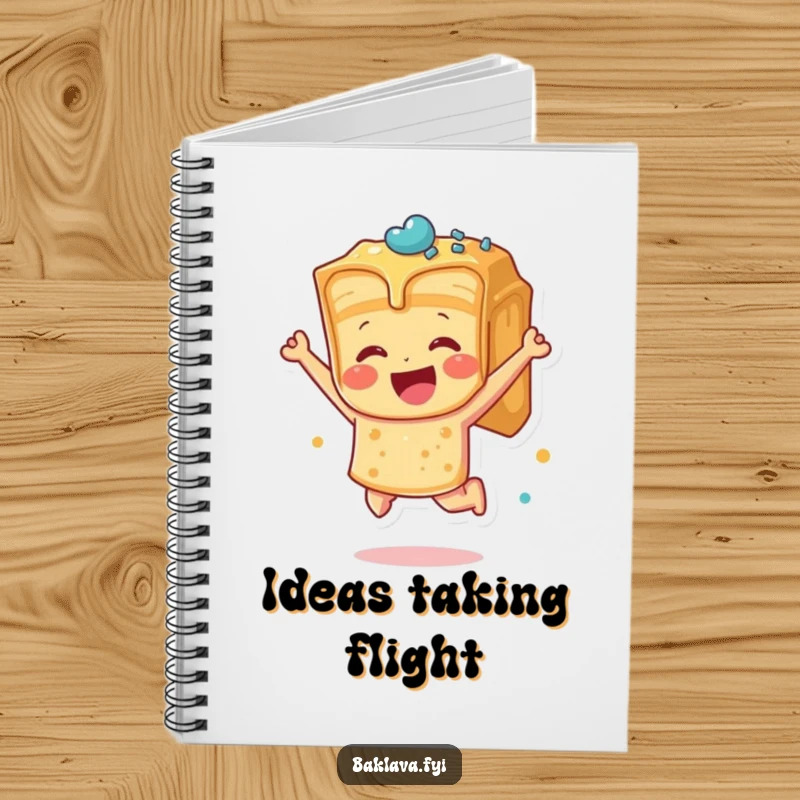 Funny baklava piece leaping with joy on a notebook cover, perfect for jotting down sweet ideas with humorous flair.