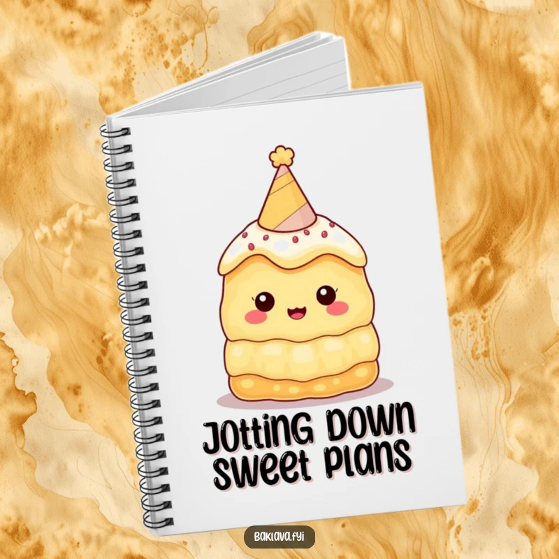 Funny baklava notebook with a charming character in a party hat, ideal for writing, journaling, or sketching with a touch of sweetness and humor.