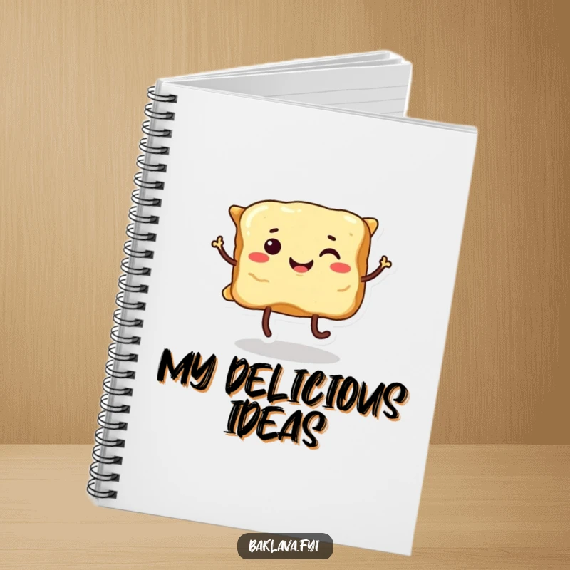 Funny smiling baklava with legs, dancing playfully, perfect for jotting down funny thoughts in this notebook.