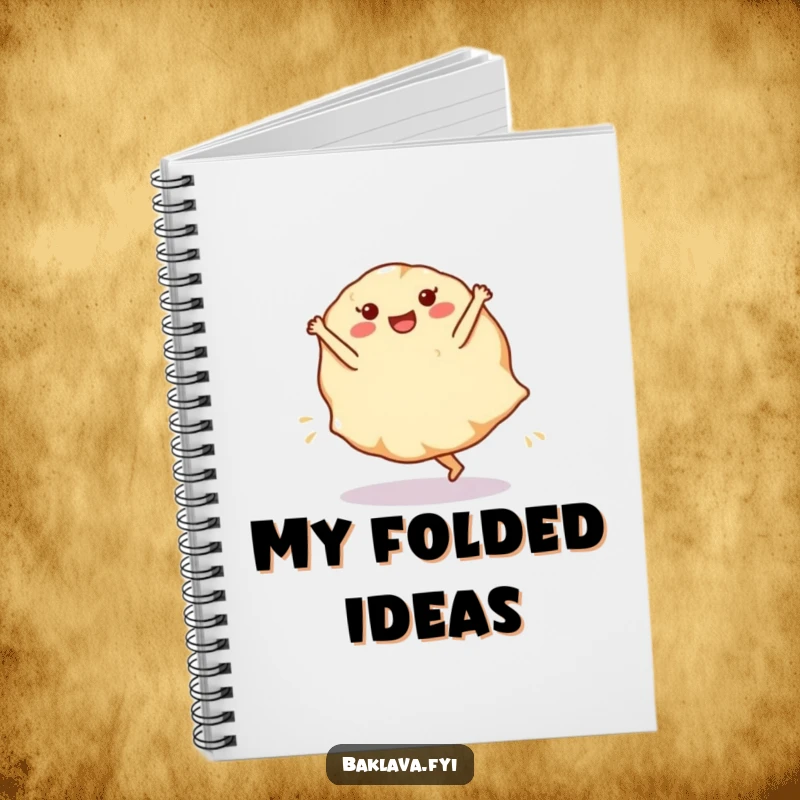 Funny phyllo dough sheet notebook with a cartwheeling dessert layer, perfect for note-taking with a baking theme.