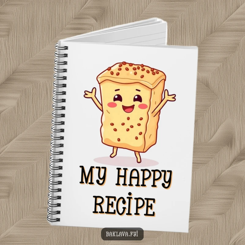 Funny baklava piece dancing happily on a notebook cover, perfect for jotting down sweet ideas with humorous flair.