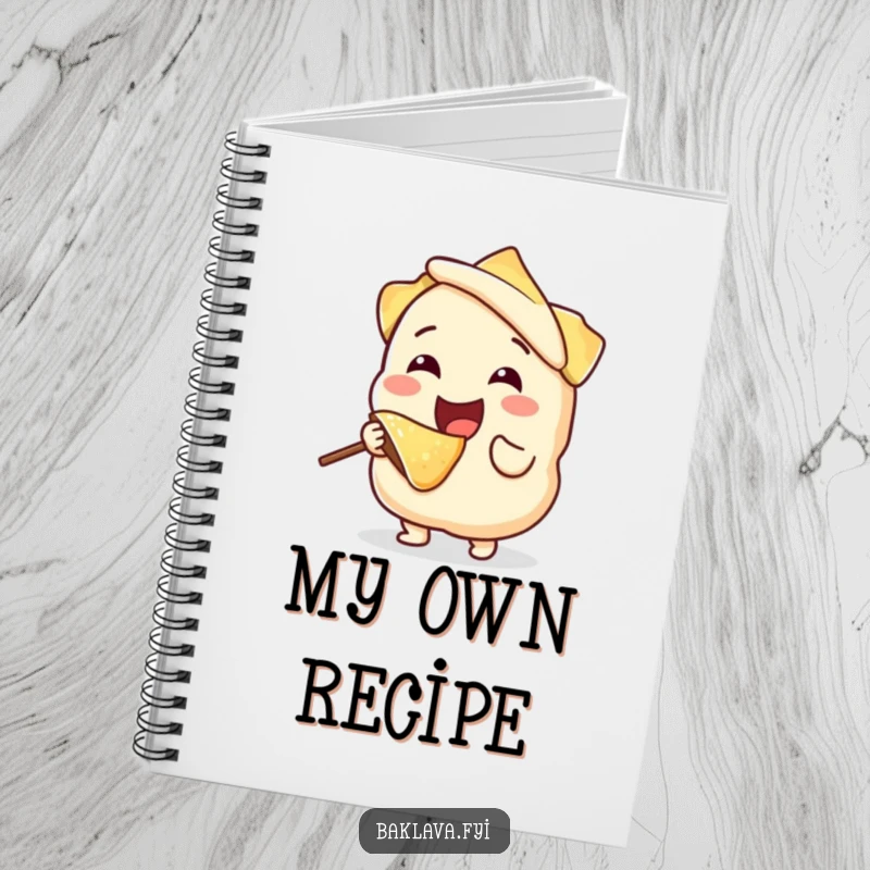 Funny, joyful phyllo dough character happily taking a bite from itself, on the cover of a notebook, designed for humorous recipe recording.