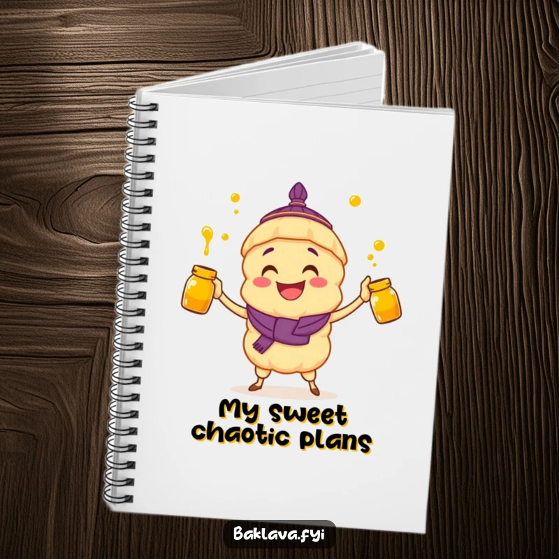 Funny notebook: a delighted baklava character juggles honey jars, ready for your notes.