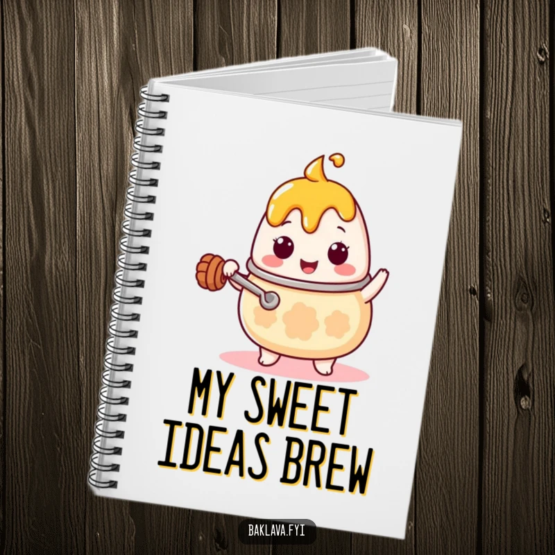 Funny Kawaii honey pot character with a tiny ladle, stirring enthusiastically, on the cover of a notebook, designed for humorous note-taking.
