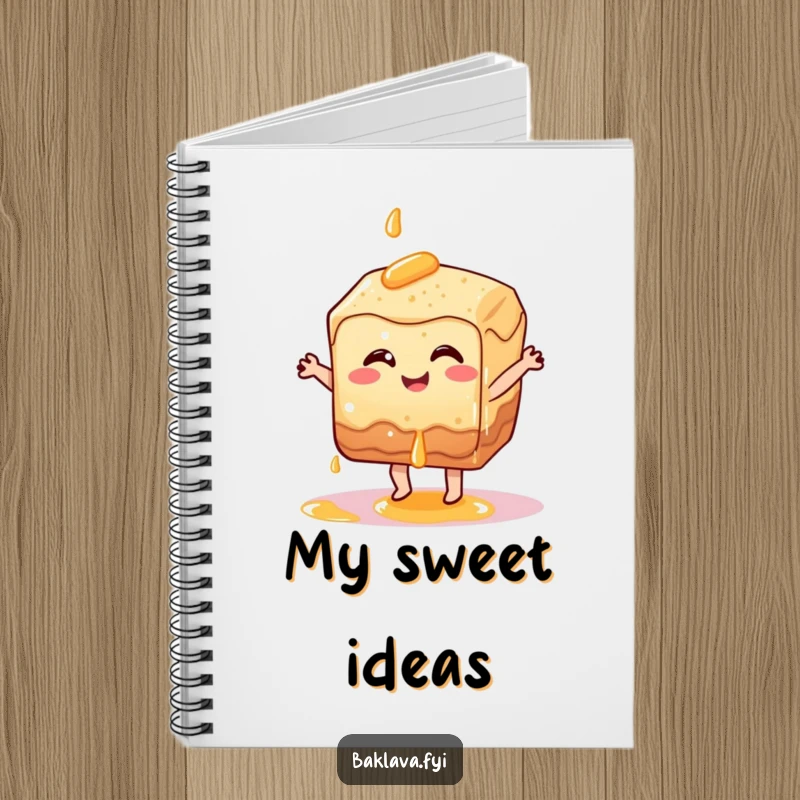 Funny smiling baklava pastry character dancing, a sweet and inspiring funny notebook.