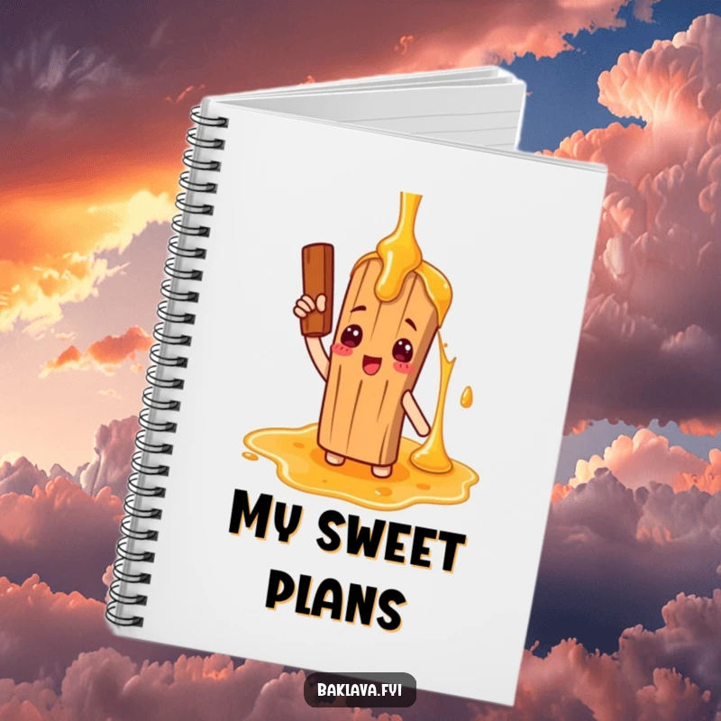 Funny notebook featuring a cinnamon stick character comically saluting a giant honey drizzle, perfect for jotting down notes with sweet humor.