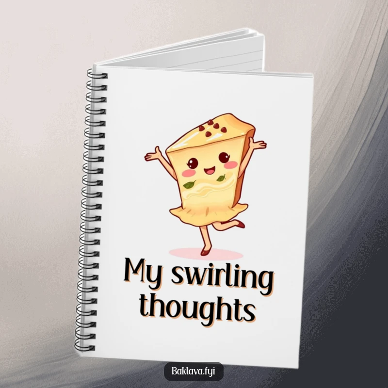 Funny baklava pirouette notebook with a delighted baklava slice in a dance pose, perfect for capturing creative ideas.