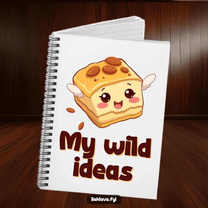Funny Baklava Notebook featuring an almond-studded slice comically attempting to fly, a sweet companion for notes.