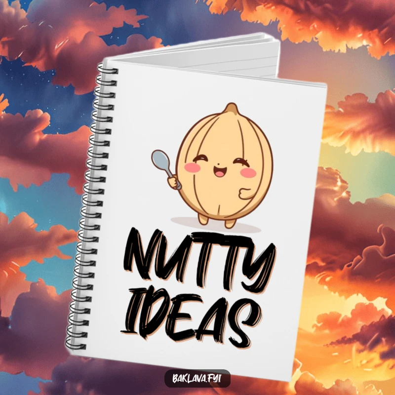 Funny walnut notebook with a happy walnut winking and holding a tiny spoon, perfect for jotting down notes with a dose of nutty humor.