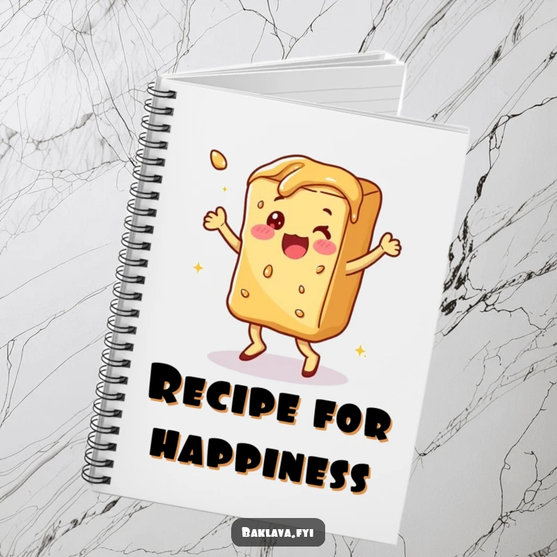 Funny syrupy baklava doing a happy dance, a cute and funny notebook.