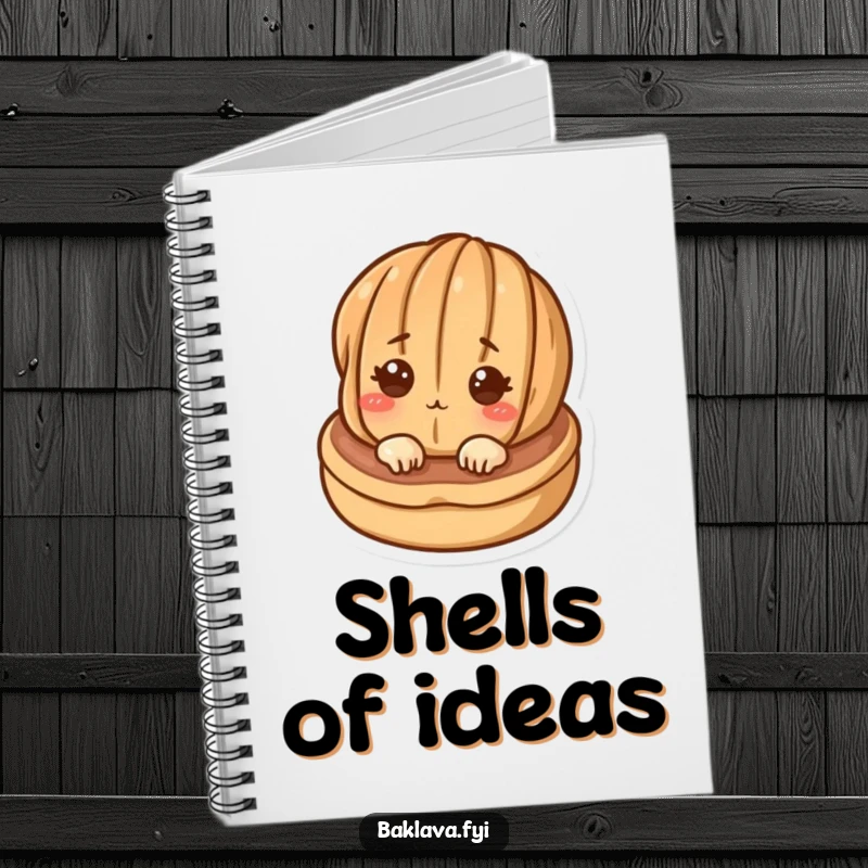 Funny curious walnut peeking from a pastry on a lined notebook cover, perfect for humorous note-taking and journaling.