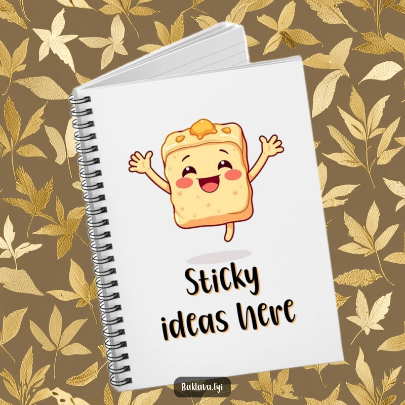 Funny baklava notebook with a smiling, leaping piece of baklava, perfect for notes and recipes.