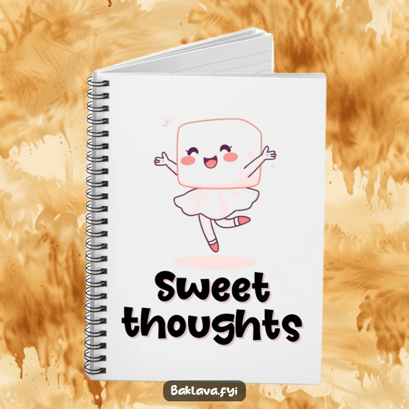 Funny sugar cube notebook with a delighted cube performing a ballet pirouette, perfect for jotting down notes with a dose of sweet humor.