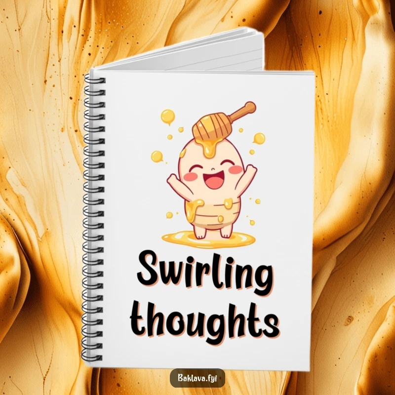 Funny honey dipper notebook with a laughing dipper playfully sprinkling swirls, perfect for jotting down notes with a touch of sweetness and humor.