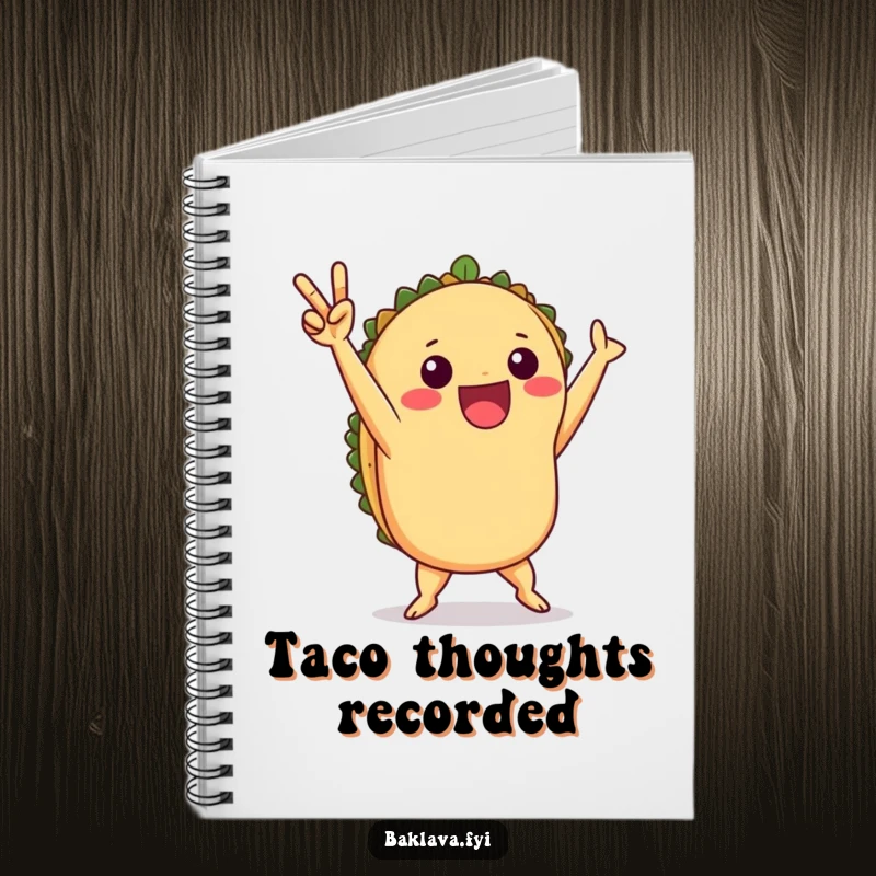 Funny taco victory dance notebook with a playful taco celebrating, perfect for notes and recipes.