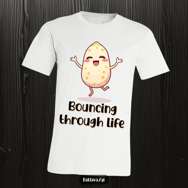 Funny t-shirt showcasing a happy sesame seed in a dynamic, energetic hop, embodying pure, vibrant joy. A humorous wearable art piece.