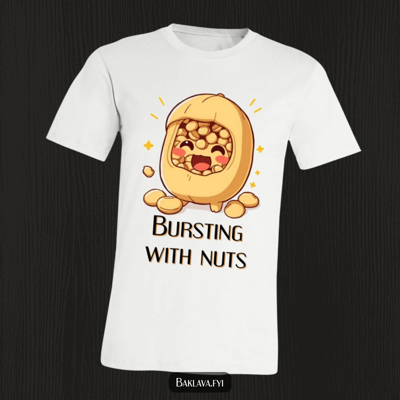 Funny nut filling t-shirt showing a playful character bursting with excitement, perfect for expressing enthusiasm.
