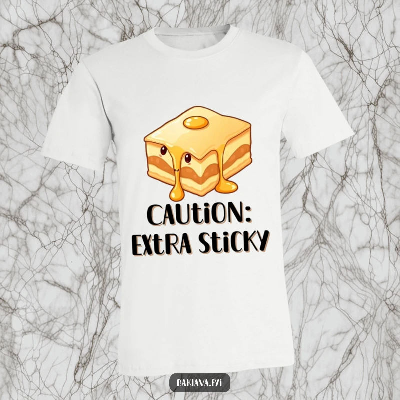 Funny wiggling baklava slice with syrup dripping, printed on a t-shirt, embodying sticky sweetness and humorous indulgence.
