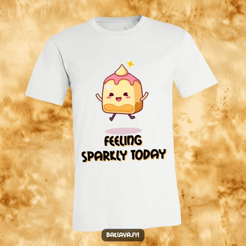 Funny Baklava T-Shirt displaying a whimsical, sparkly slice in mid-jump, radiating playful energy and sweetness.