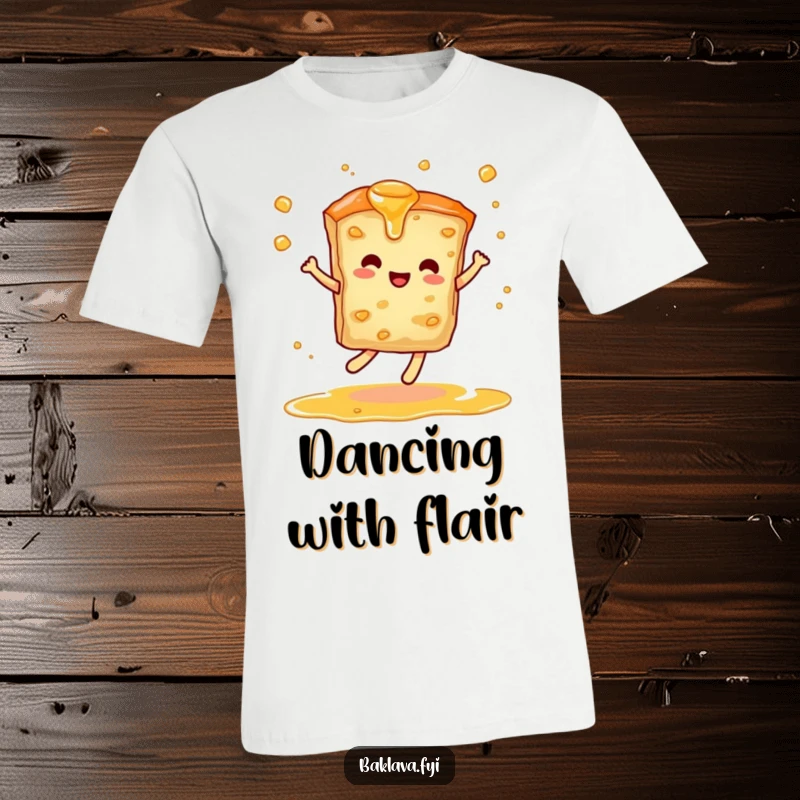 Funny t-shirt depicting a baklava slice performing a graceful dance move, with syrup swirling like a dancer's sash, full of flair.