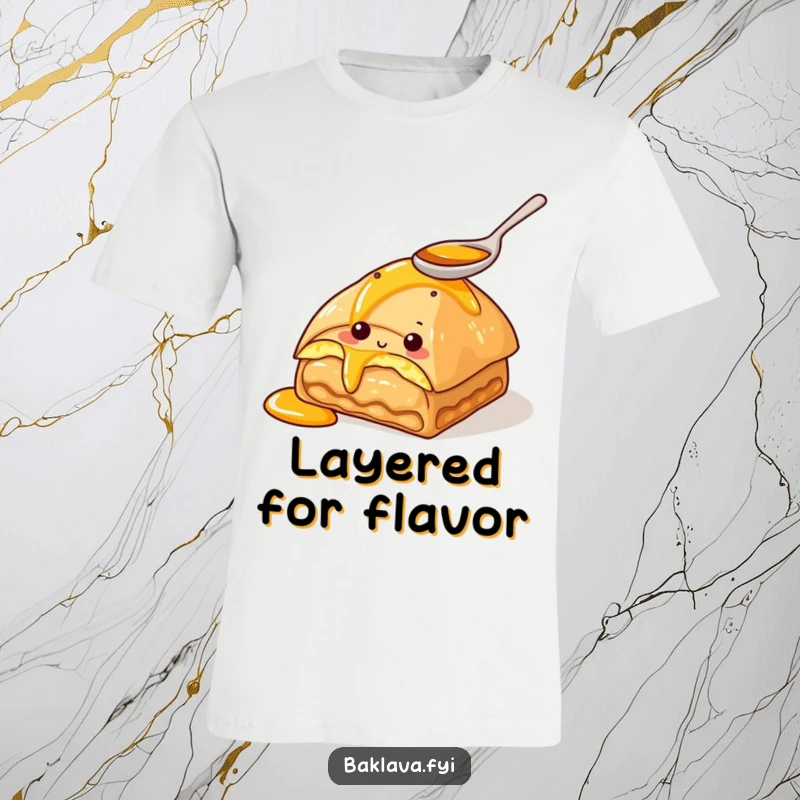 Funny t-shirt with a curious baklava character tasting honey with a spoon. A delightful and humorous apparel.