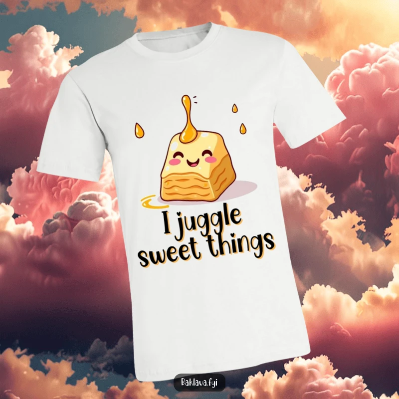 Funny baklava t-shirt depicting a cheerful slice expertly juggling sweet syrup droplets, celebrating dessert and joy with a humorous, eye-catching design.
