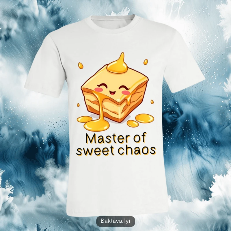 Funny baklava slice t-shirt depicting a cheerful character skillfully juggling sticky honey drips, a unique food art.