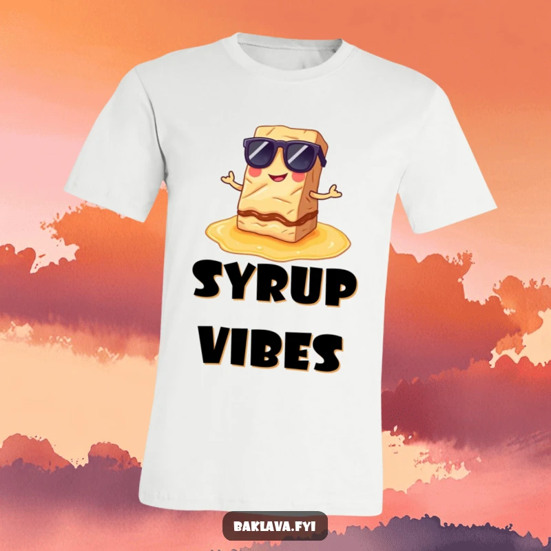 Funny T-Shirt: A baklava slice in sunglasses poses on syrup, showcasing a funny and cool dessert attitude.