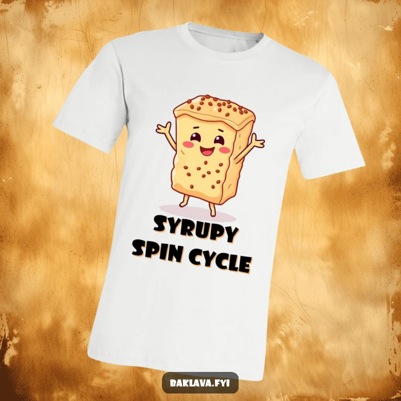 Funny baklava piece happily dancing on a t-shirt, expressing pure delight and dessert-themed humor.