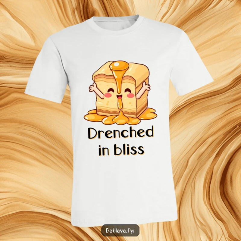 Funny happy baklava t-shirt, piece with arms outstretched enjoying syrup cascade, expressing sweet joy.
