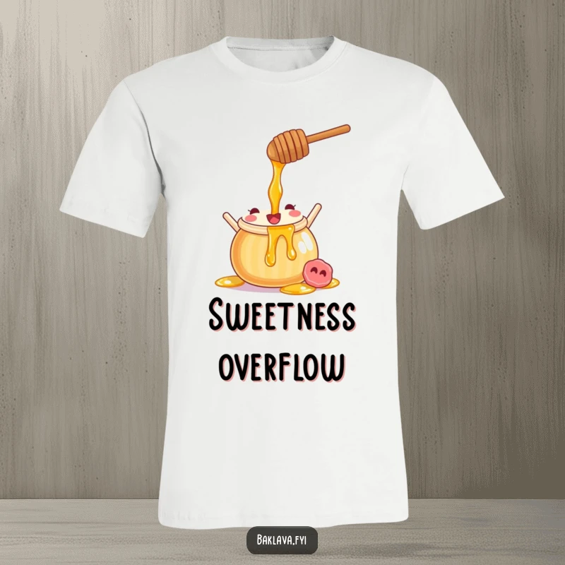 Funny honey pot t-shirt showing a joyful character pouring sweet syrup, perfect for expressing a sweet disposition.