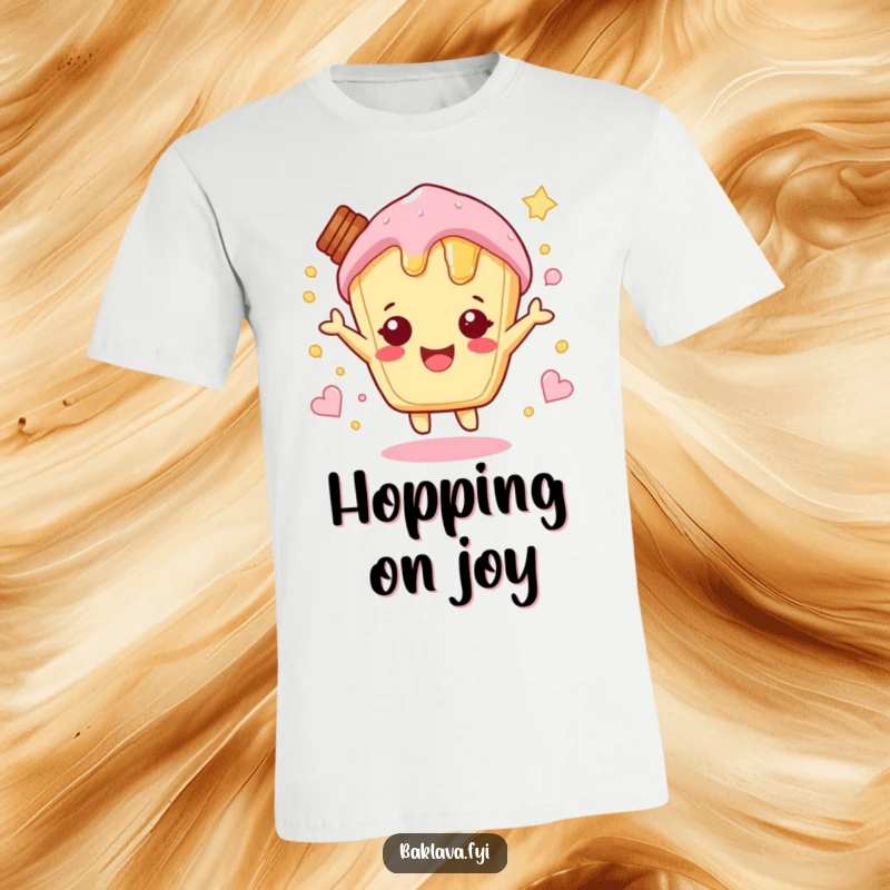 Funny honey pastry character in a joyful hopping motion, full of excitement, a delightful funny t-shirt.