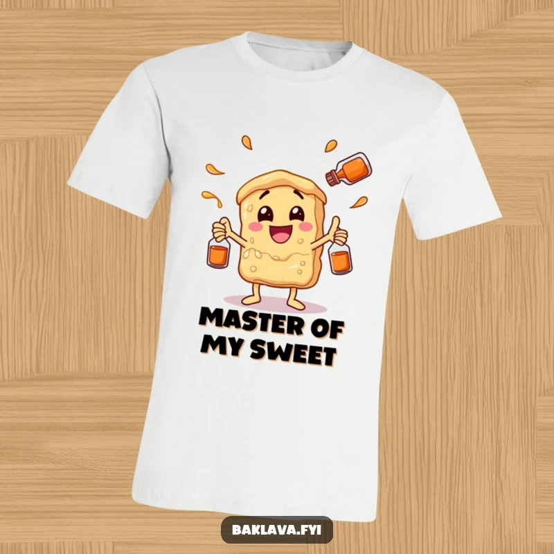 Funny baklava slice juggling syrup bottles with glee, printed on a soft t-shirt. A humorous and dynamic graphic tee.