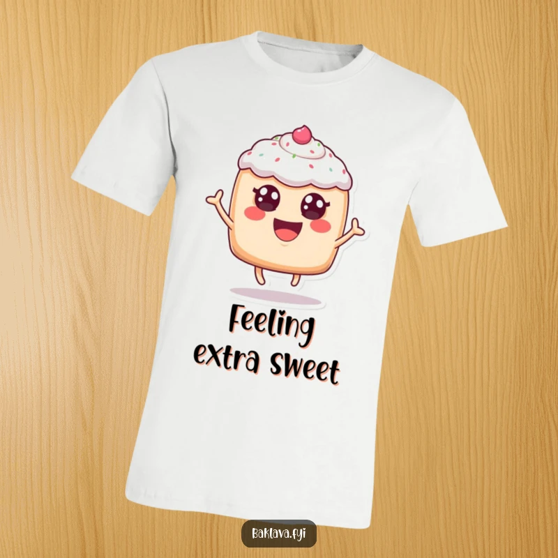 Funny, cheerful anthropomorphic pastry with frosting eyes leaping for joy, printed on a t-shirt, embodying playful baked good energy.