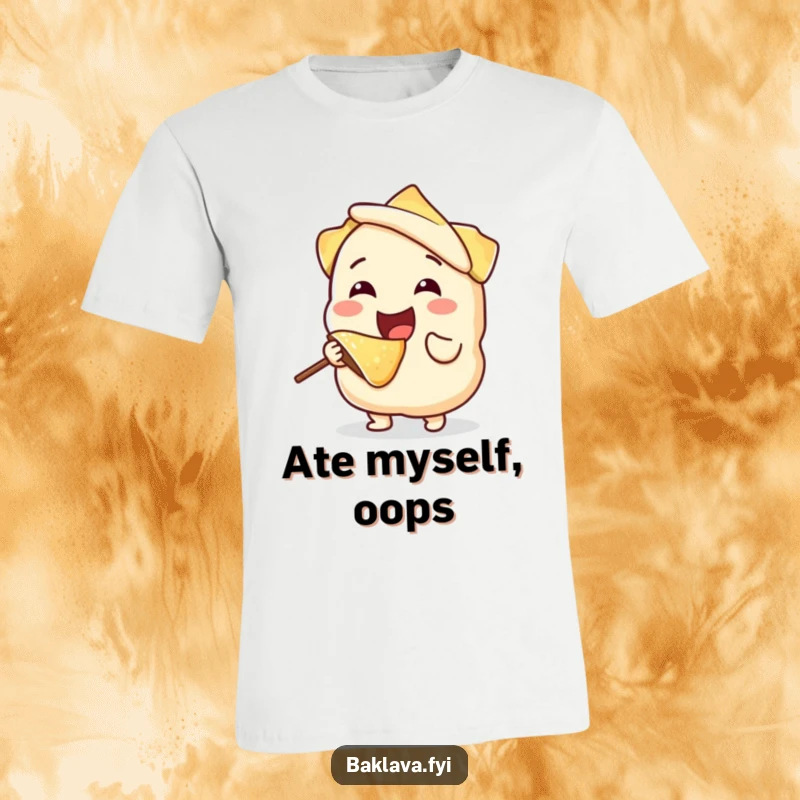 Funny, joyful phyllo dough character happily taking a bite from itself, printed on a soft t-shirt, conveying quirky and humorous culinary art.