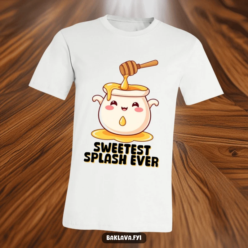 Funny smiling honey pot splashing a tiny drop, a sweet and funny t-shirt.