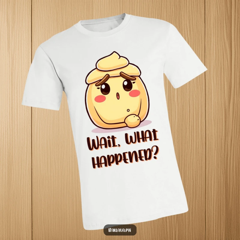 Funny surprised pastry with raised crust eyebrows, reacting to a falling crumb, printed on a t-shirt, embodying comical baked good surprise.