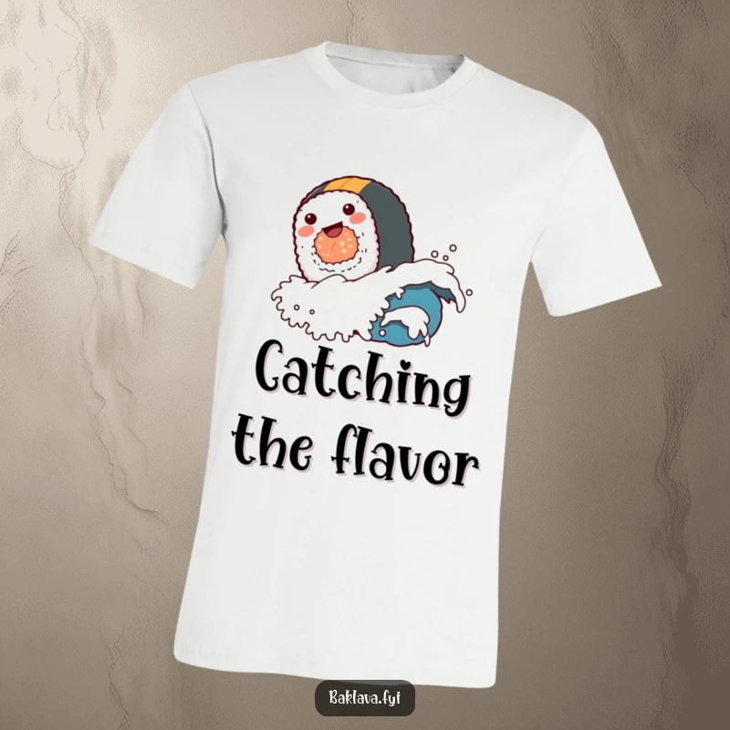 A funny sushi roll character gleefully surfing a small wave, printed on a comfortable, funny t-shirt.
