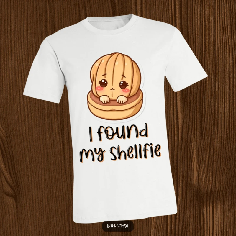 Funny cartoon walnut character peeking from a delicious pastry on a soft t-shirt, perfect for casual, humorous wear.