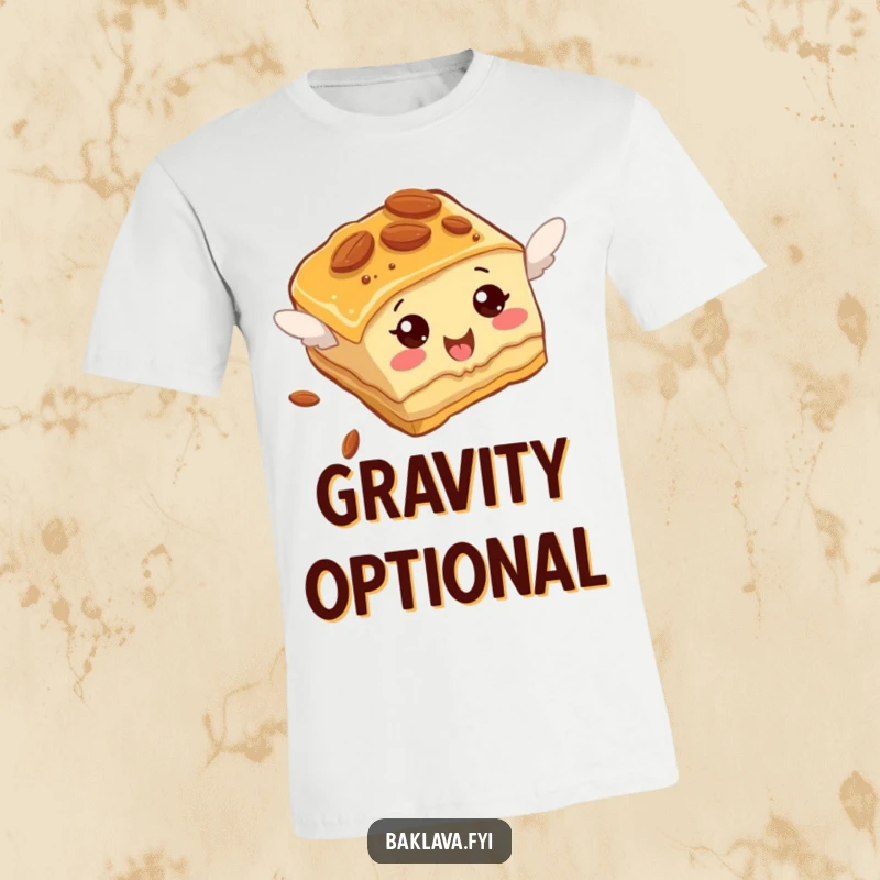 Funny Baklava T-Shirt displaying an almond-studded slice comically attempting to take flight with great effort.