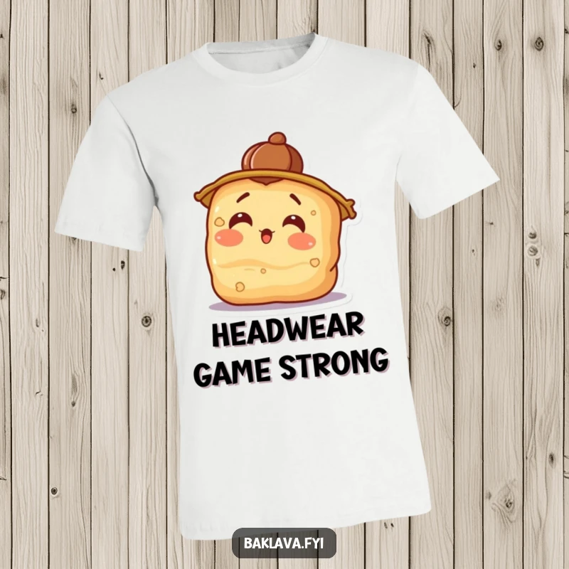 Funny surprised baklava wearing a walnut hat tilting its head, a hilarious t-shirt for dessert enthusiasts.