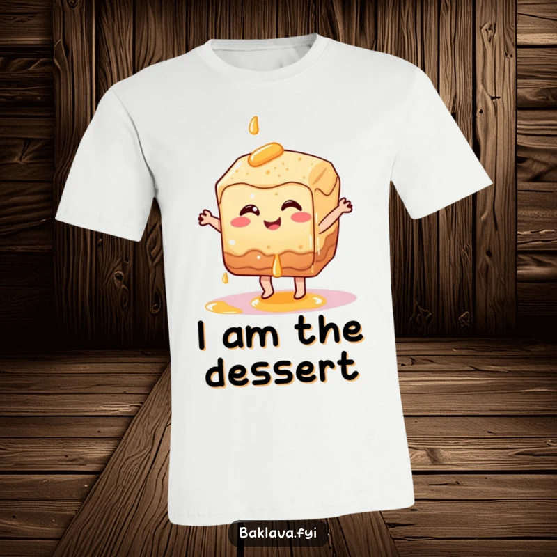 Funny baklava pastry character in a joyful dance pose with dripping syrup, a delightful funny t-shirt.