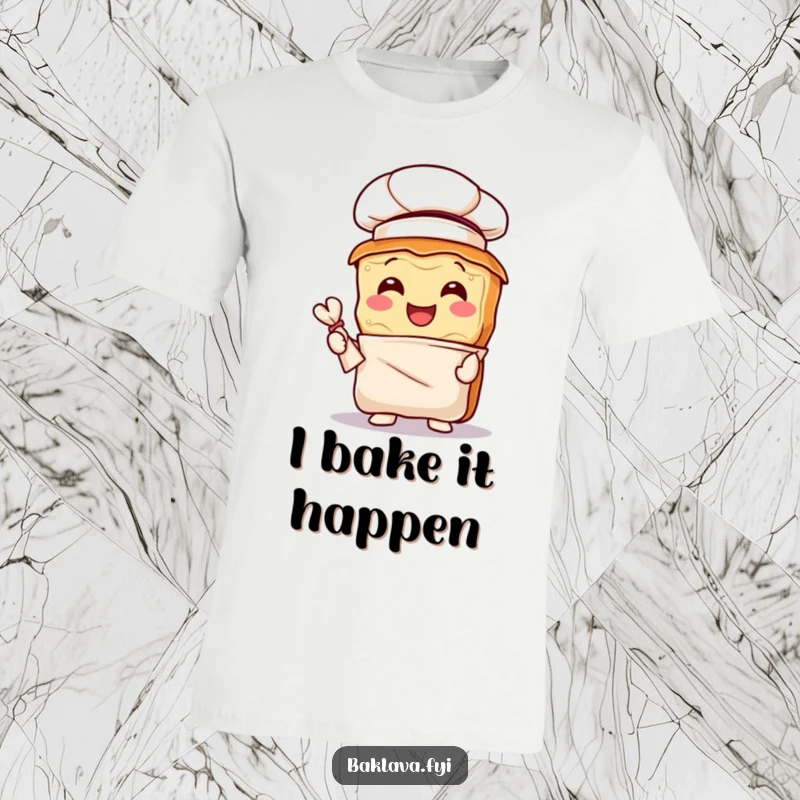 Funny baklava chef t-shirt featuring a joyful pastry wearing a chef hat and holding a pastry bag, ready to bake.