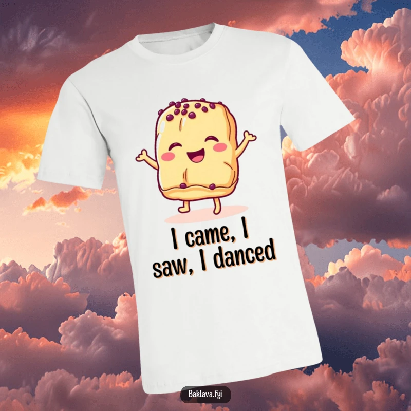 Funny baklava pastry t-shirt with a smiling dessert in a joyful celebratory dance, ideal for expressing your sweet side.