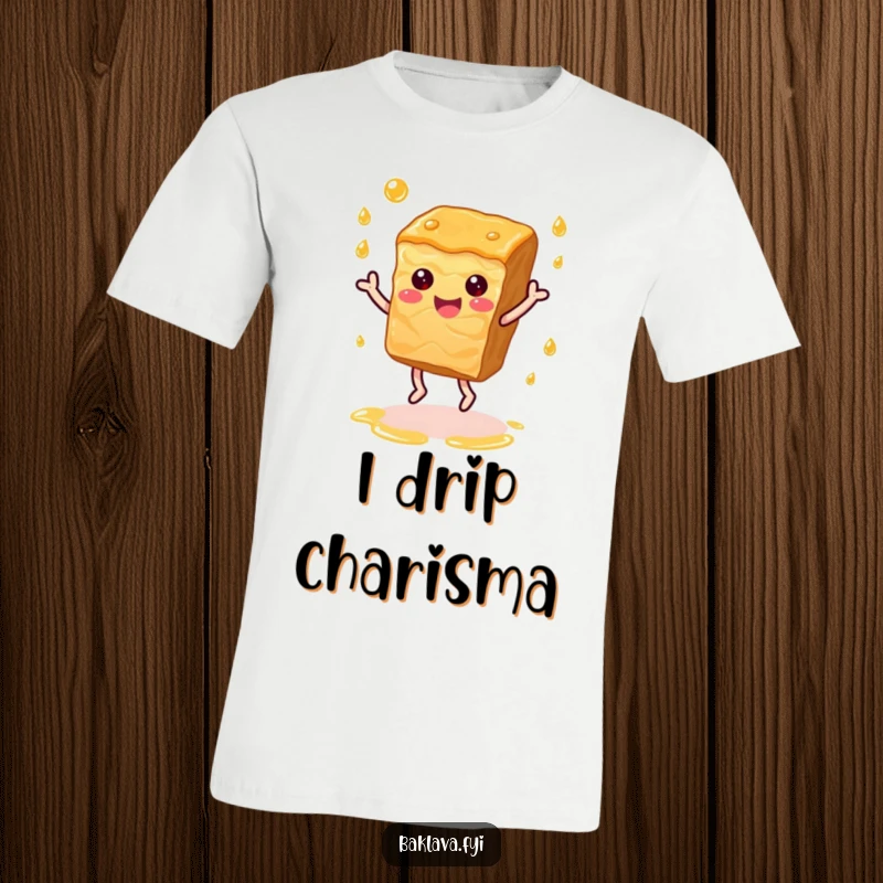 Funny happy baklava slice dancing energetically amidst syrup droplets, a fun and whimsical t-shirt.